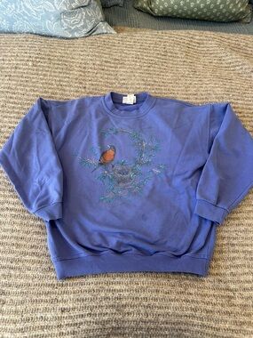 Northern Reflections Purple-Blue Crewneck Sweater with Bird Embroidery